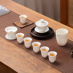 徳化白磁羊脂翡翠カンフー茶器セット、シンプルで軽い高級会社中秋節イベントお土産