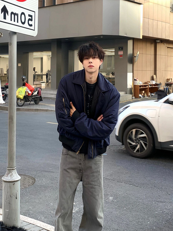 美式复古蓝色工装外套男潮牌欧美街头潮牌设计感棒球服飞行员夹克|undefined