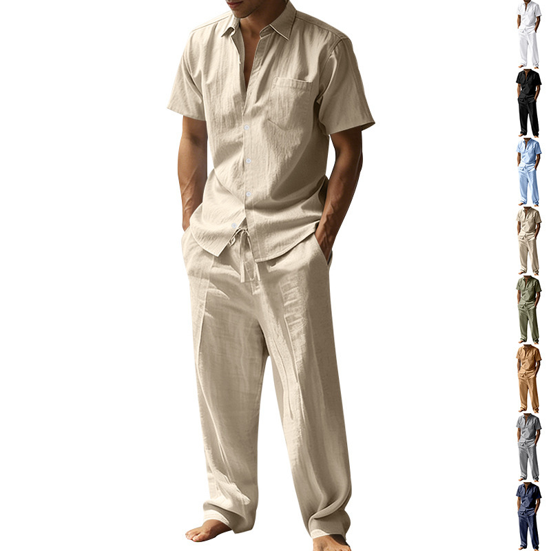 Men's Linen Short Sleeve Shirt And Pants Set, Casual Breathable Two-Piece Outfit For Summer, Relaxed Fit Linen Lounge Set_viptrois.com
