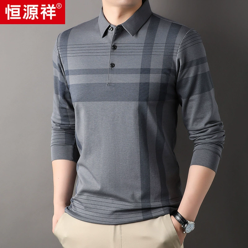 Hengyuanxiang мужская футболка среднего возраста из шелковой шелковицы в полоску с длинными рукавами и лацканами, весенне-осенняя деловая повседневная рубашка-поло для папы
