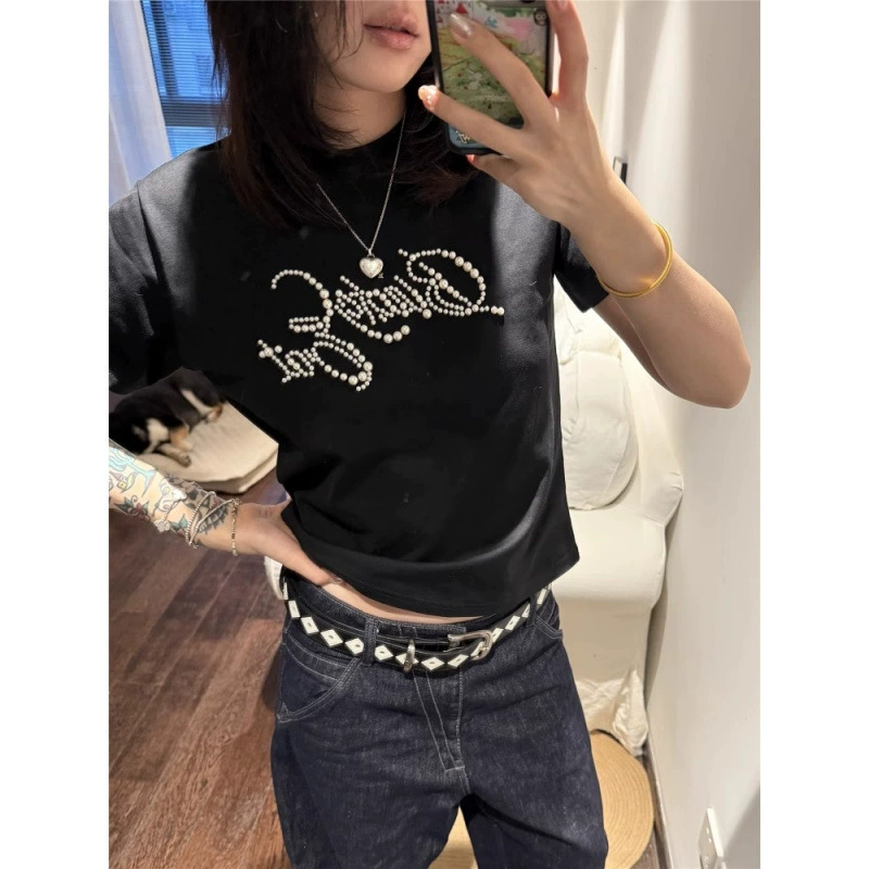 Американская сексуальная черная футболка с короткими рукавами и бисером на правое плечо, женская летняя дизайнерская нишевая тонкая короткая футболка