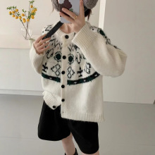 复古提花费尔岛外穿毛衣女秋冬宽松慵懒氛围感针织衫开衫加厚外套