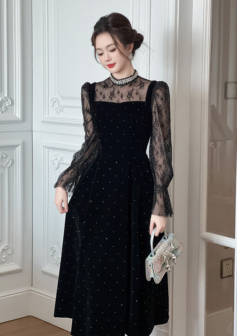 Đầm nhung đính kim cương cổ tròn eo thả dáng giả hai lớp — đen chi tiết 7