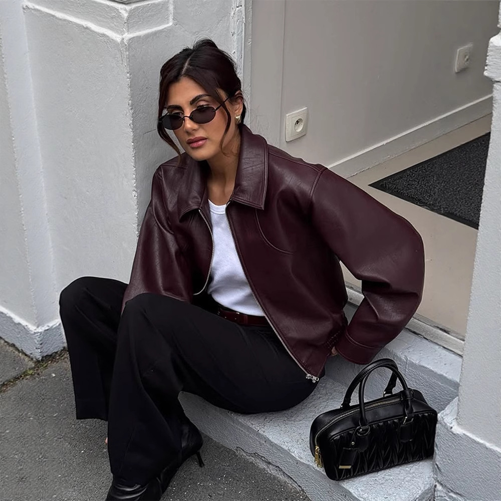 Vintage Style Lapel Casual Versatile Petite Long-Sleeve Pu Leather Jacket Short Coat for Women Cross-Border European and American Style New Model