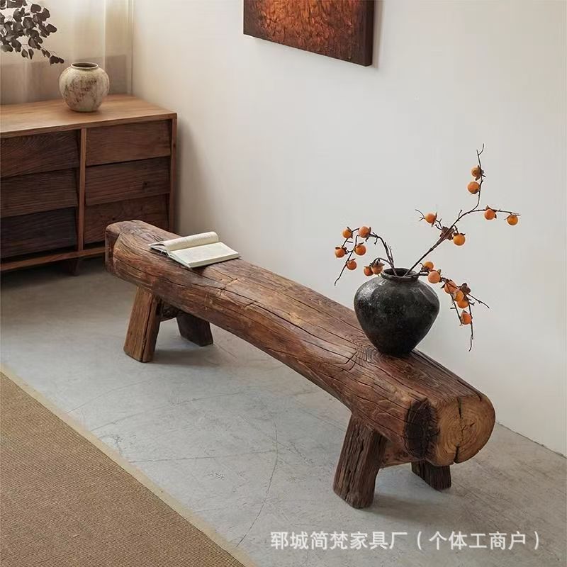 北の古いニレ風化ロングベンチ円筒形木製パイルスツールB&B装飾無垢材特殊形状靴交換スツールベンチ|undefined