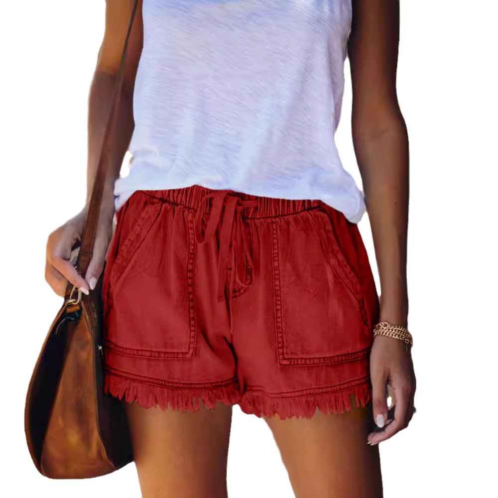 European and American Foreign Trade Cross-Border Supply Elastic Waist Casual High Waist Slim Tassel Denim Shorts for Women