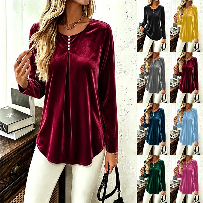 2026 European and American cross-border Amazon independent site autumn and winter new women's round-neck Korean velvet long-sleeve T-shirt top for women