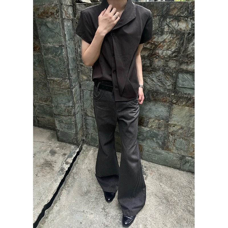 Summer High-Intelligence Style Half-Sleeve Fashion Old Money Style Gray-Brown Pleated Deconstructed Short-Sleeve Trendy Shirt for Men Summer High-Intelligence Style Half-Sleeve Fashion Old Money Style Gray-Brown Pleated Deconstructed Short-Sleeve Trendy Shirt for Men