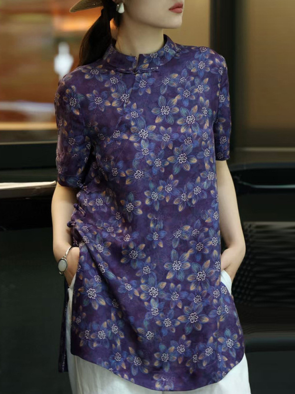 新しい中国風の花柄チャイナドレストップ女性のための夏 2025 通気性スタンドカラー斜め前立てミッドレングス半袖シャツ|undefined