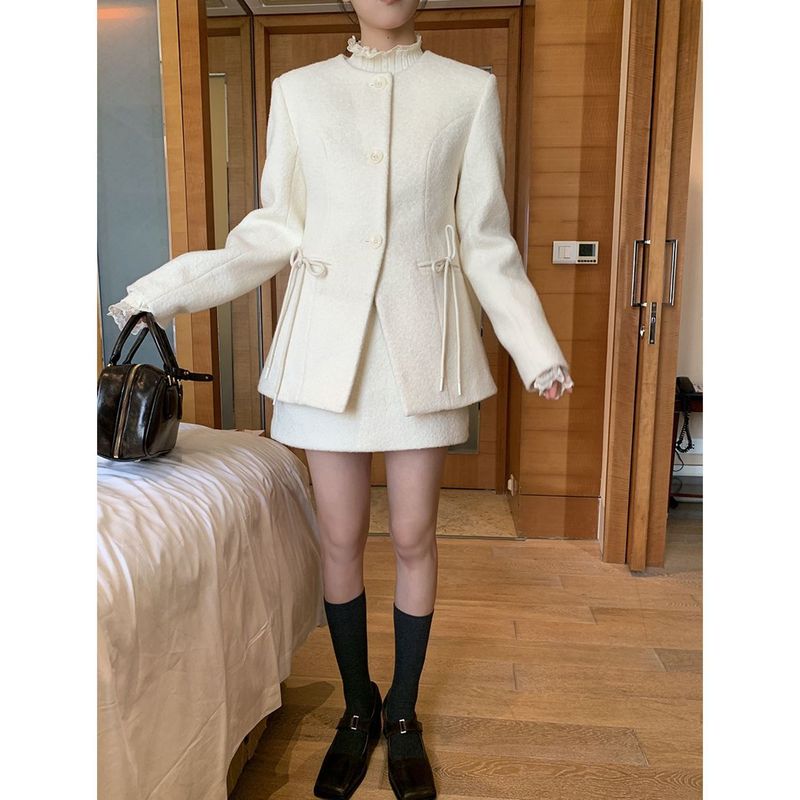 毛呢大衣女秋冬高级感呢子夹棉韩系气质中长款小香风外套两件套|undefined