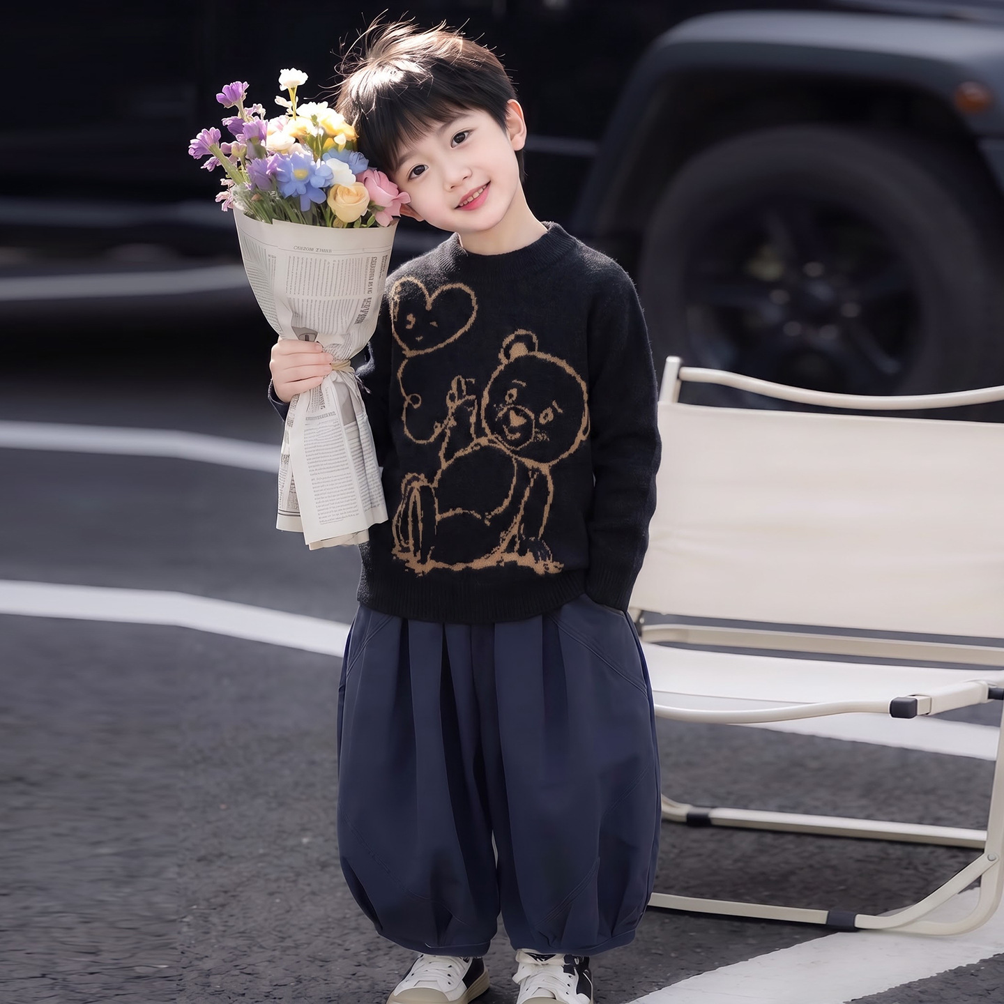 2026秋冬新款四平针小熊秋冬男女童100%纯羊毛衫圆领加厚长袖毛衣