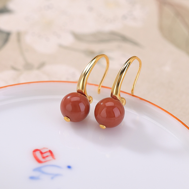 Khuyên tai hoop bạc S925 mạ vàng đính ngọc tự nhiên đơn giản — Mật ong sáp
