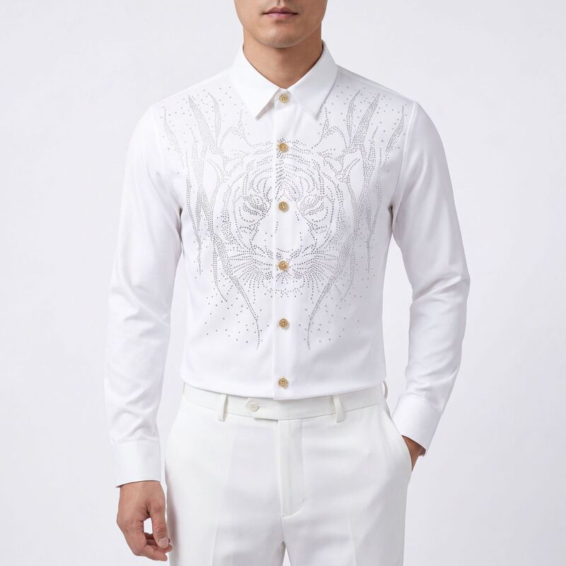 Luxury men's clothing with a high-end feel, star-patterned tiger head with rhinestones, long-sleeved men's shirt, trendy shirt, exclusively available for cross-border wholesale