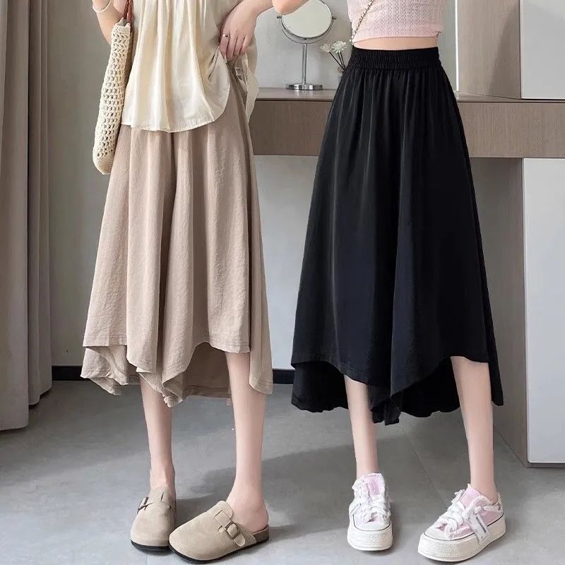 2026 Summer New Style Ice Silk Cotton Linen Cropped Pants Skirt for Women, Loose Fit, Plus Size, High Waist, Casual Wide-Leg Pants, Southeast Asia