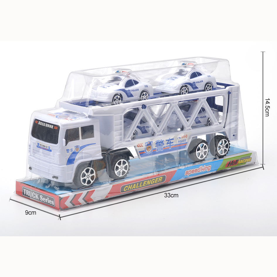 Modelo de simulación para niños del sudeste asiático juguete de coche de contenedor con 5 deslizamiento modelo de coche de policía inercia remolque de doble capa