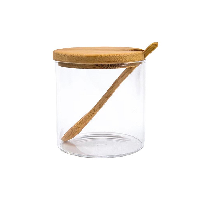 alta borosilicona vidrio condimento lata cubierta de madera de bambú con cuchara condimento lata cocina doméstica almacenamiento condimento lata spot