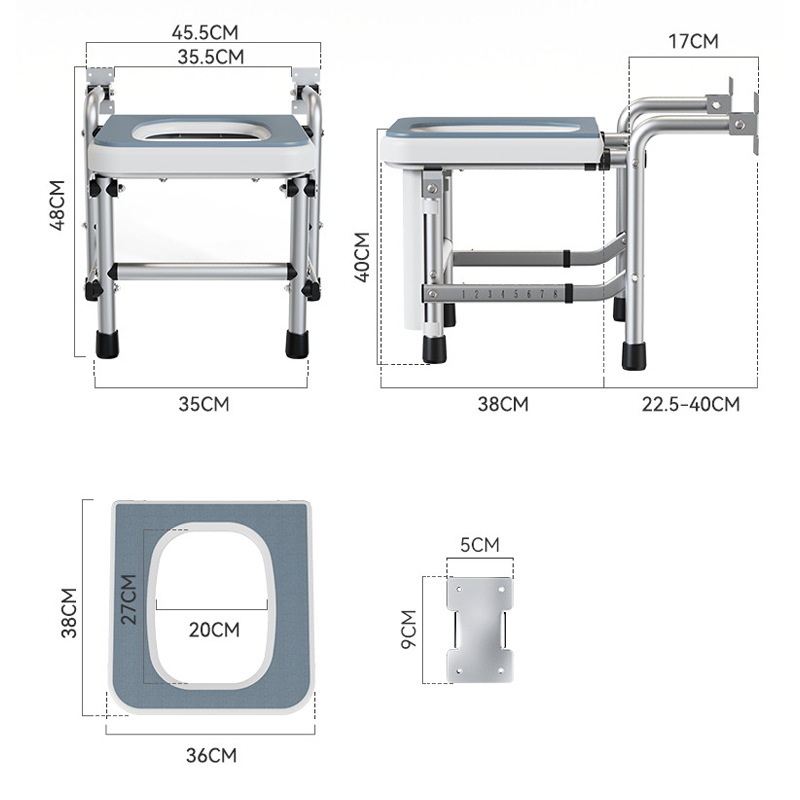 Silla de Inodoro Plegable de Pared de Aleación de Aluminio con Reposabrazos para Baño