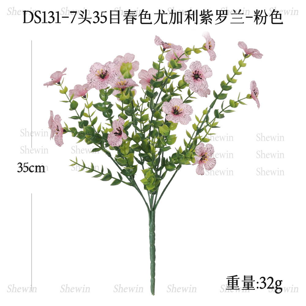 Flores artificiales de eucalipto violeta de siete cabezas para decoración de jardín exterior, hogar, hotel, boda, adornos de flores artificiales.