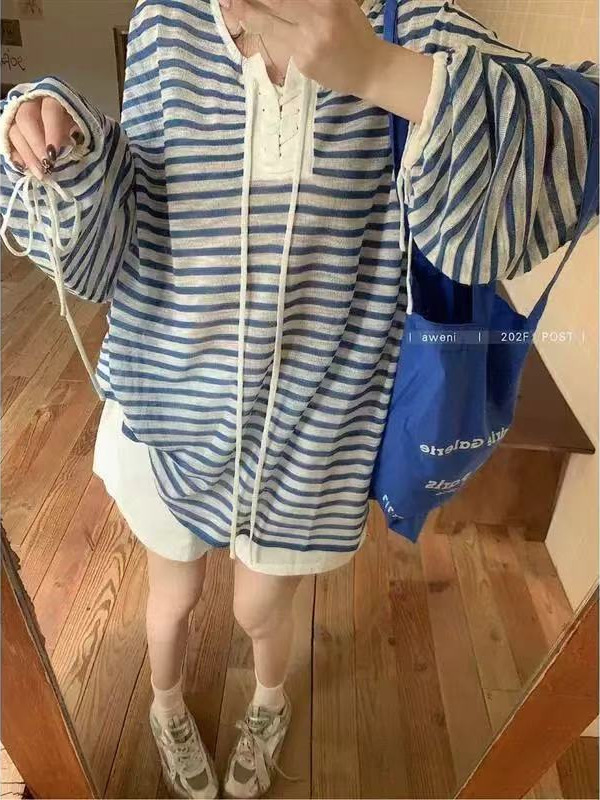 蓝色条纹针织防晒罩衫女夏季薄款宽松吊带外搭长袖t恤空调衫上衣|undefined