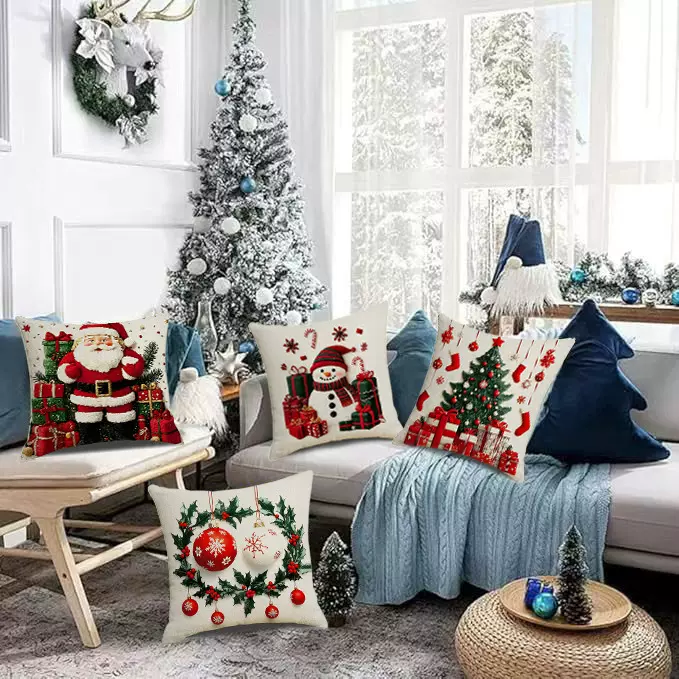 TEMU爆款圣诞老人铃铛花环抱枕套圣诞节装饰沙发靠枕靠枕套批发