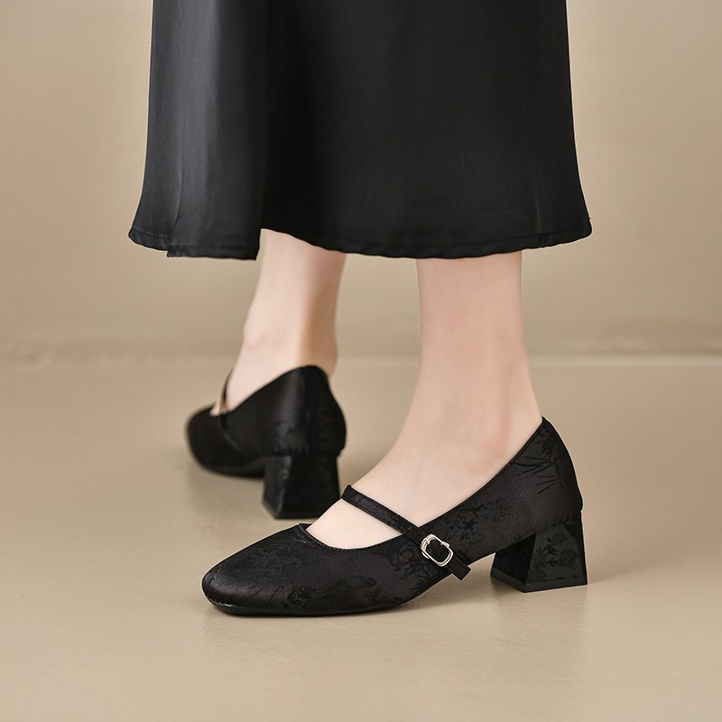 Zapatos de estilo chino suaves de estilo cuadrado, zapatos de estilo chino de 5 cm, falda de talón grueso, cheongsam, zapatos de talón alto para mujeres