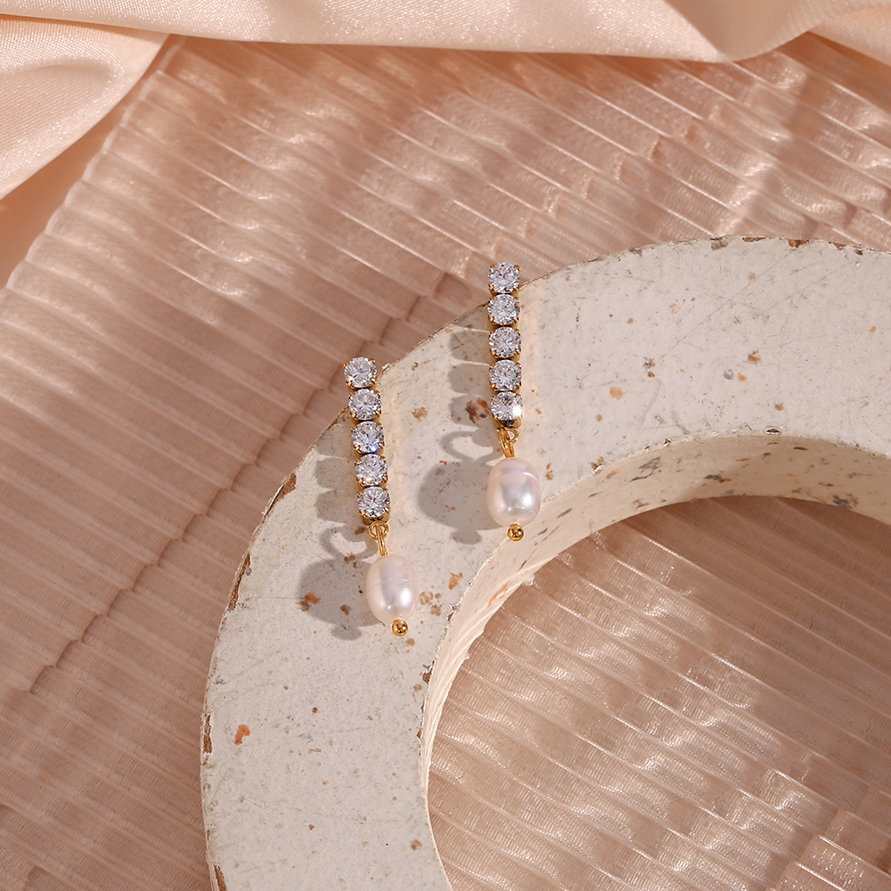 Zircon Chain Freshwater Pearl Stainless Steel Earrings