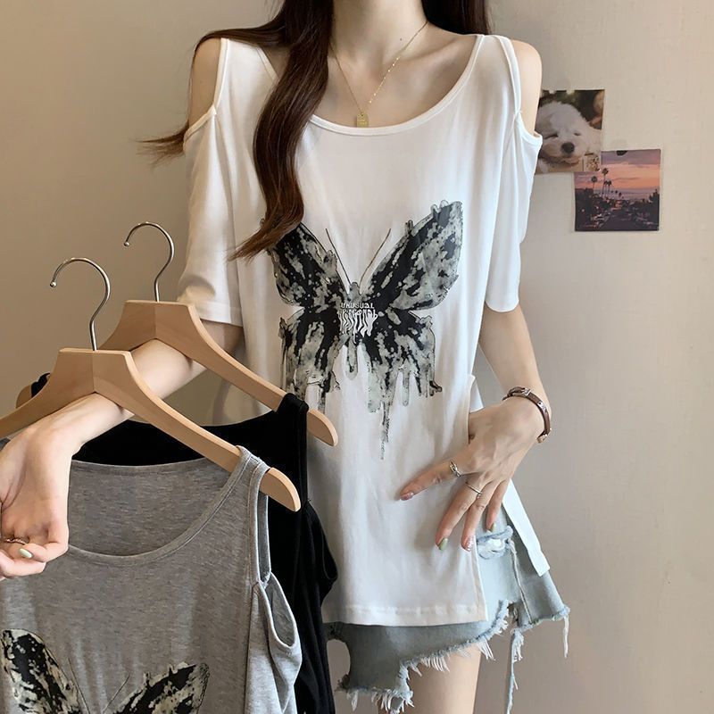Camiseta de manga corta sin tirantes con estampado de mariposa de gran tamaño para mujer 2024 verano nuevo estilo suelto y delgado top de mm para mujer image 5