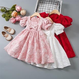 Girls Dress 2025 Summer New Style Puff Sleeve Sweet Flower Print Mesh Children's Princess Dress