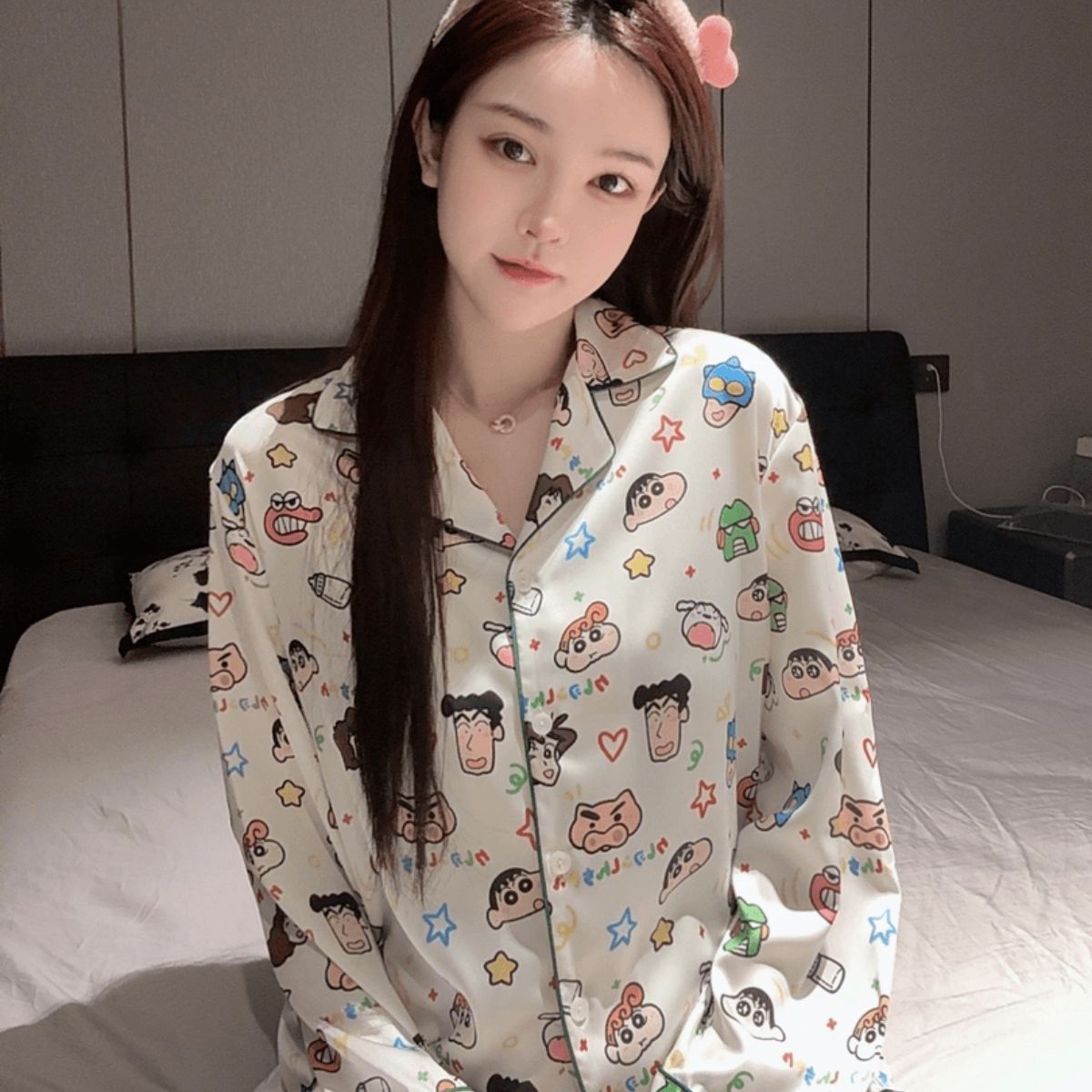 Spring and Autumn New Ice Silk Pajamas Women's Super Soft Forged Four-Sided Cartoon Printed Long-Sleeved Trousers Home Clothes suit
