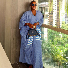 欧美大码深V领大口袋条纹连衣裙女非洲新款女装简约大气休闲长裙