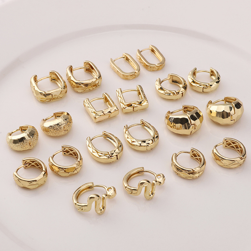 Electroplated 14K Gold-Plated Copper Engraved Multi-Style Square and Round Ear Clasps and Hoops DIY Handmade Jewelry Wholesale
