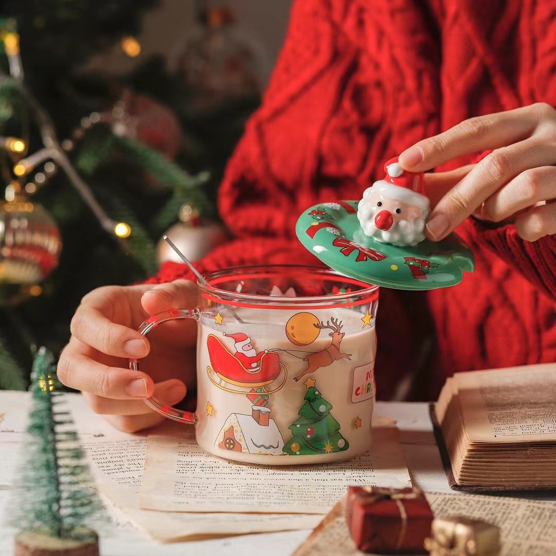 Creativo personalizado Santa Claus regalo vidrio con tapa cuchara Oficina de dibujos animados taza Estilo nórdico beber