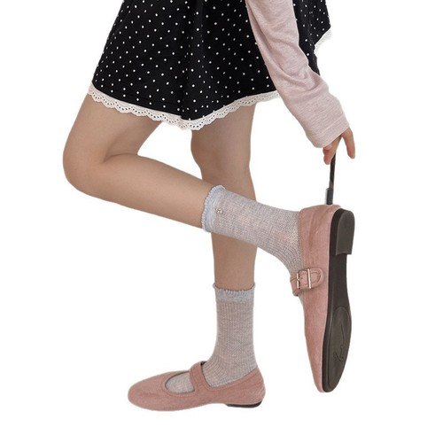 Korean style summer thin socks for women with heart-shaped pendant ruffles mesh lace open tube socks simple solid color pile socks 