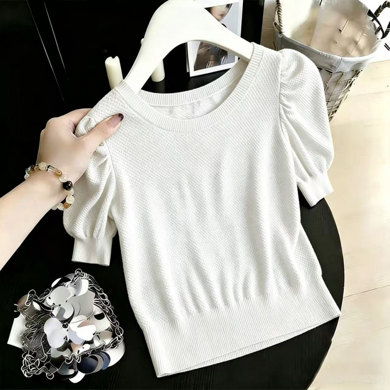 Summer Knitted T-Shirt Women's Loose Top Solid Color Crew Neck Short Sleeve Hollow Out Thin_ecoleips.com