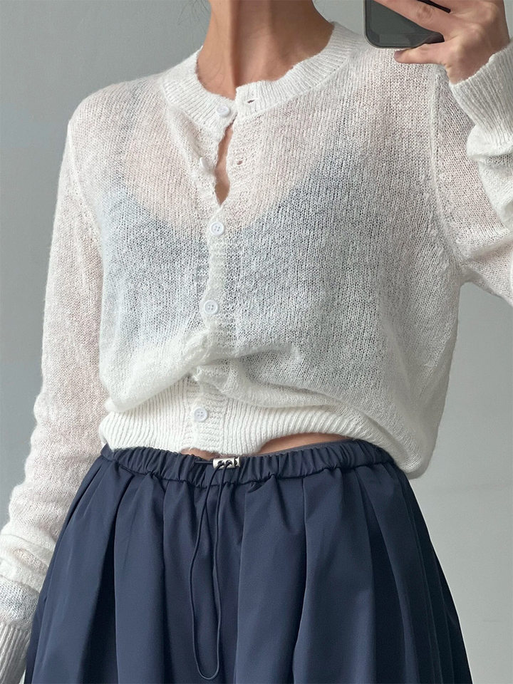 Áo cardigan len nữ dệt kim mỏng cổ tròn dáng rộng phối nút — Vàng nhạt, màu hồng, màu nâu, trắng chi tiết 2