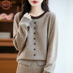 圆领100%纯羊毛衫女撞色假两件针织衫春秋新款显瘦宽松外穿毛衣