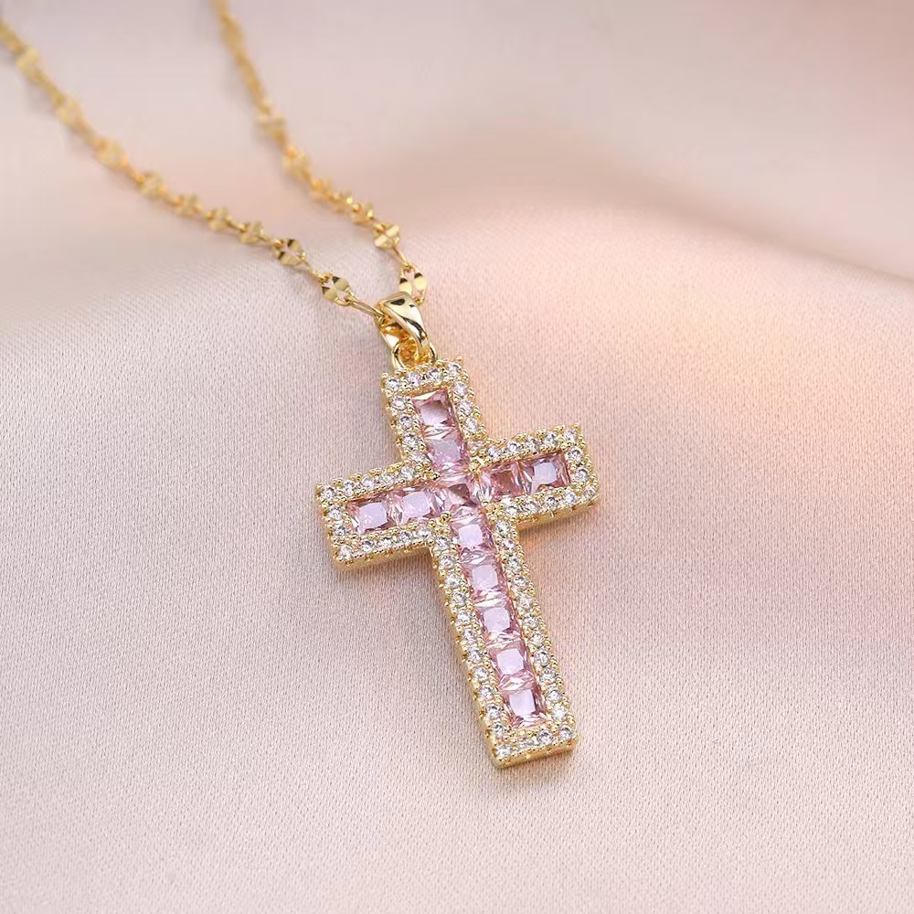 Wholesale Jewelry Shiny Cross Titanium Steel Zircon Inlay Pendant Necklace Cable Chain display picture 5