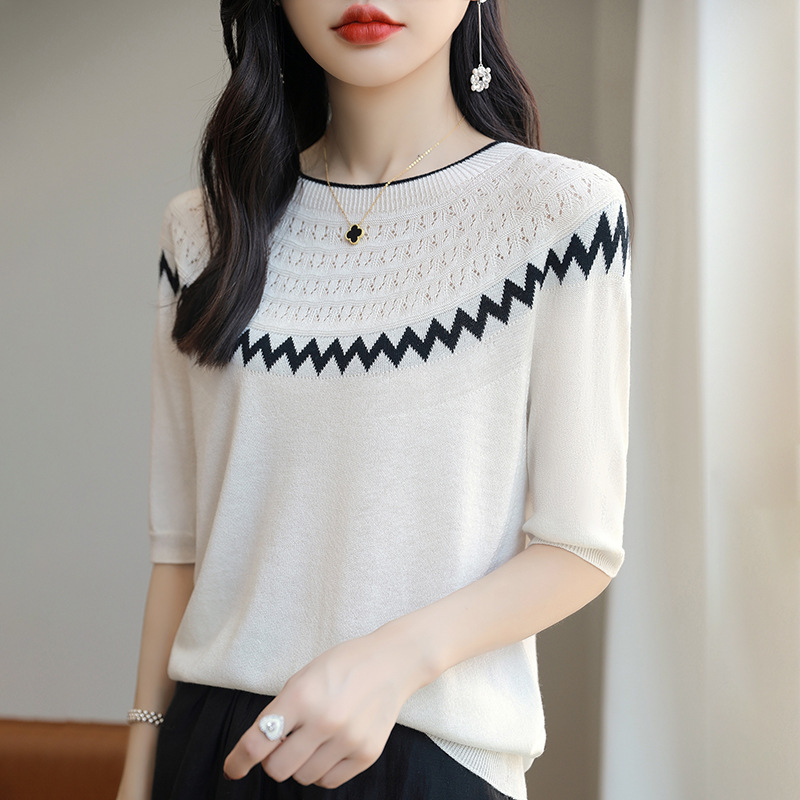 Summer New Wool Mulberry Silk Knitted Short-Sleeved Women's Thin Loose T-Shirt Cut Out Contrasting Color Mid-Sleeve Tops Wholesale
