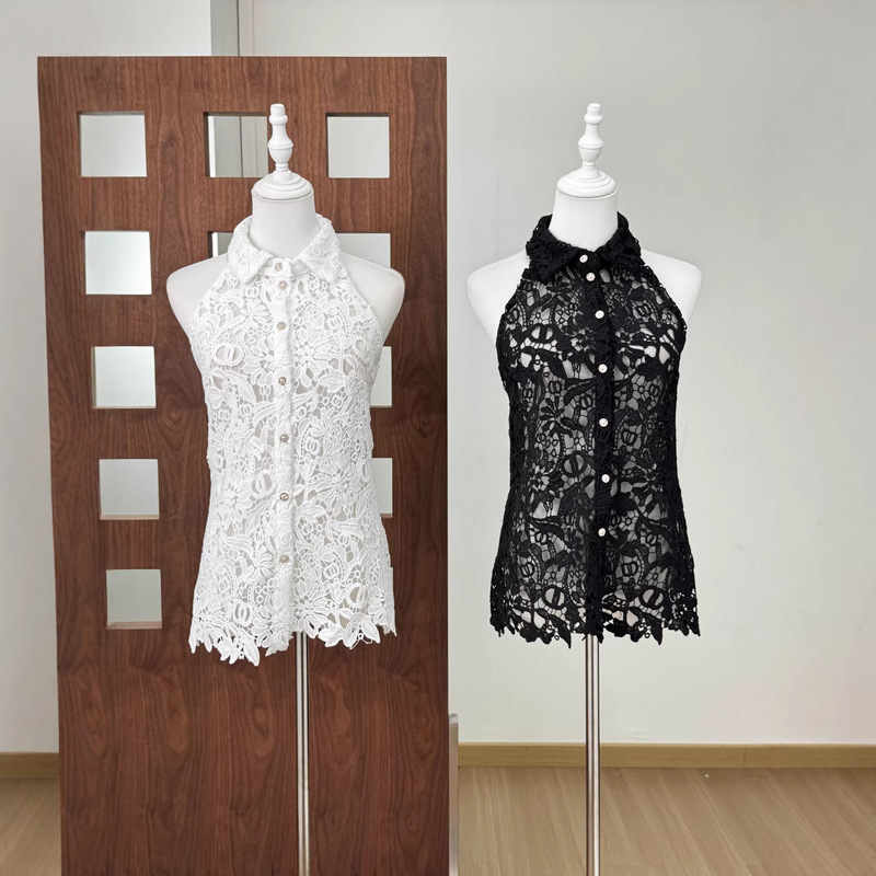French-Style Exquisite Craftsmanship, Chanel-Inspired Three-Dimensional Lace, Open-Shoulder, Hollow-Out, Turn-Down Collar, High-End Shirt, Sleeveless Top for Women French-Style Exquisite Craftsmanship, Chanel-Inspired Three-Dimensional Lace, Open-Shoulder, Hollow-Out, Turn-Down Collar, High-End Shirt, Sleeveless Top for Women