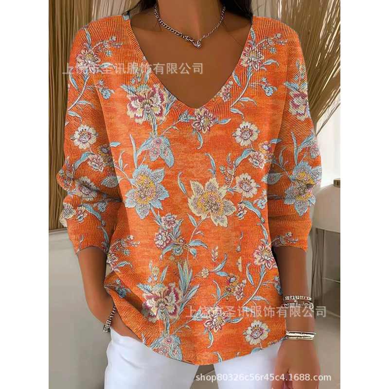 欧美跨境独立站新款3D印花女士时尚渐变色V领长袖T恤上衣|undefined