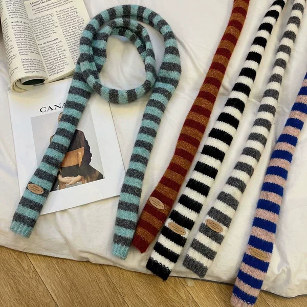 Korean-Style Long Striped Scarf for Men and Women, Japanese Versatile Dachshund Small Scarf, Knitted Color-Blocking Fashion Narrow Scarf Trend
