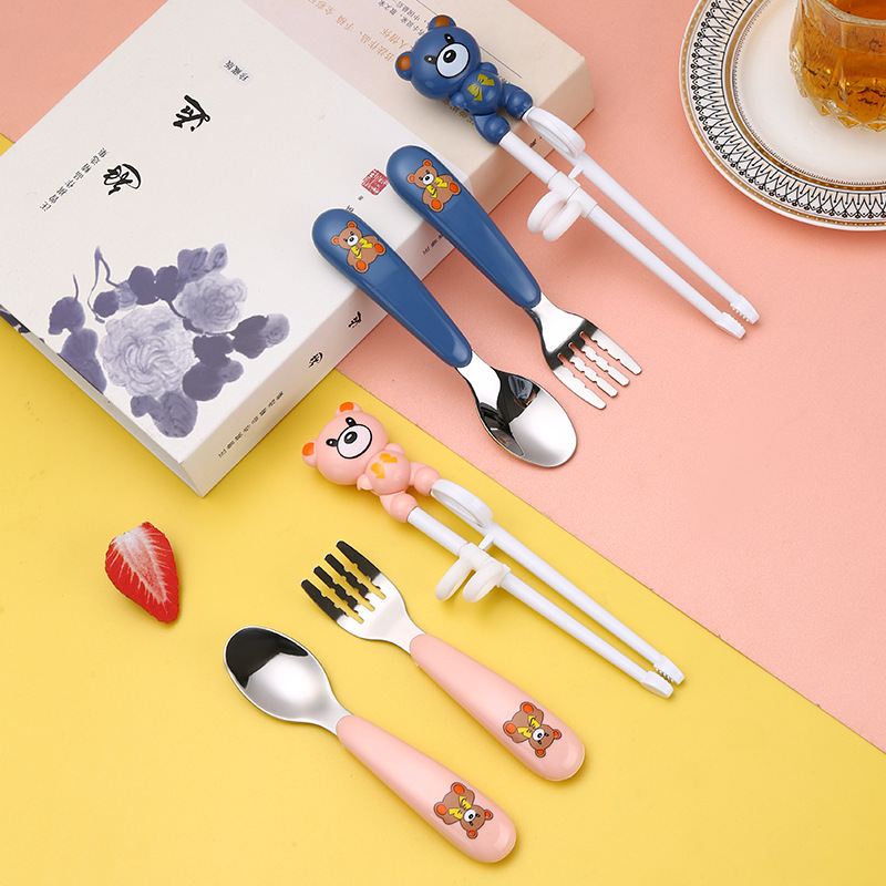 Cartoon Practice Chopsticks Children's Spoon-fork Three-piece Training Chopsticks Children's Corrective Learning Chopsticks Baby Cartoon Bear Chopsticks