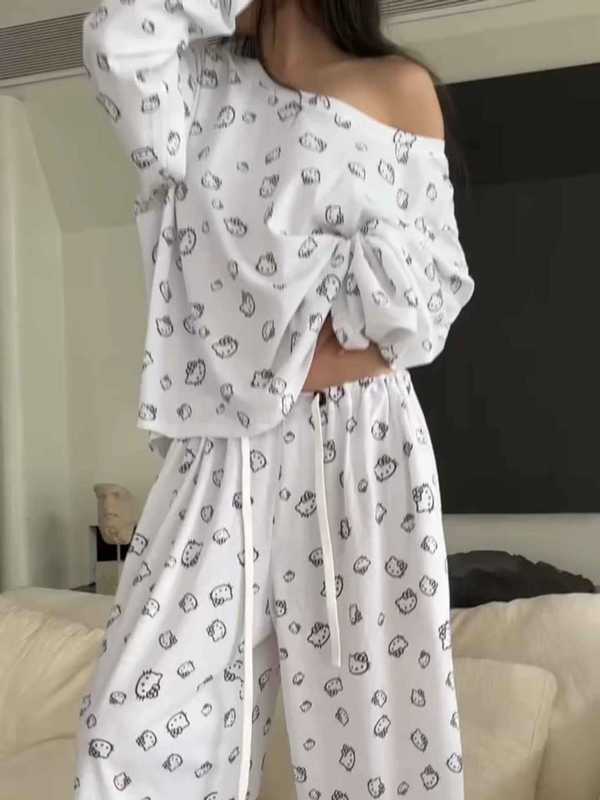 简约甜美风kitty猫印花睡衣女春秋季2025新款大码长袖长裤家居服|undefined