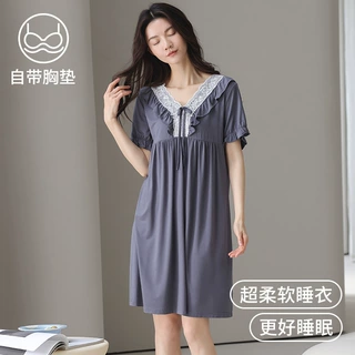 睡裙女带胸垫夏季莫代尔棉质短袖薄款夏天睡衣女士夏款连衣睡裙