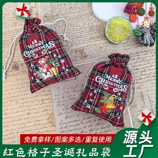 Christmas Cartoon Cotton Cloth Red Plaid Bag Cookie Candy Gift Packaging Christmas Eve Apple Bag Wholesale