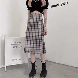 原宿风格子半身裙女夏中长款过膝包臀裙大码设计感褶皱直筒一步裙