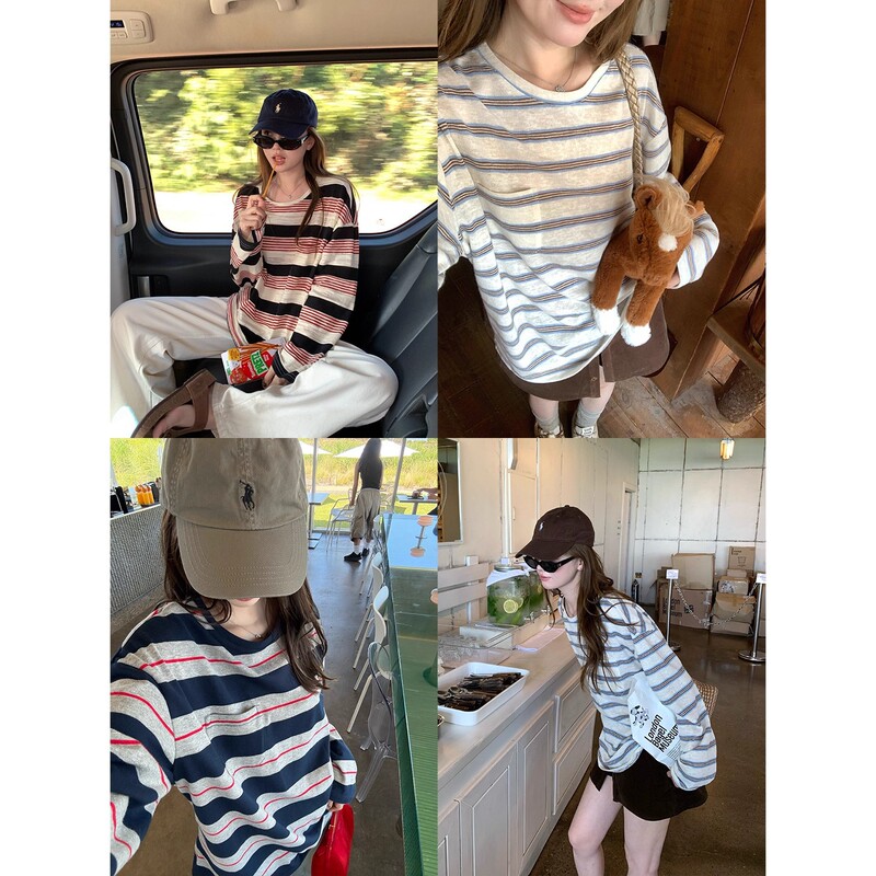 Im to Miu Aesthetic' Retro Lazy Stripesd Round Neck Long-Sleeved T-Shirt Women's Autumn Loose Top Casual and Versatile