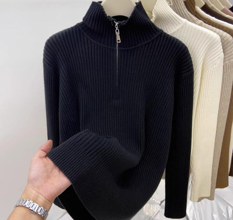 200 can wear large size women's autumn Polo tops, half-high collar, half-zip, loose-fitting, slimming, trendy knitwear