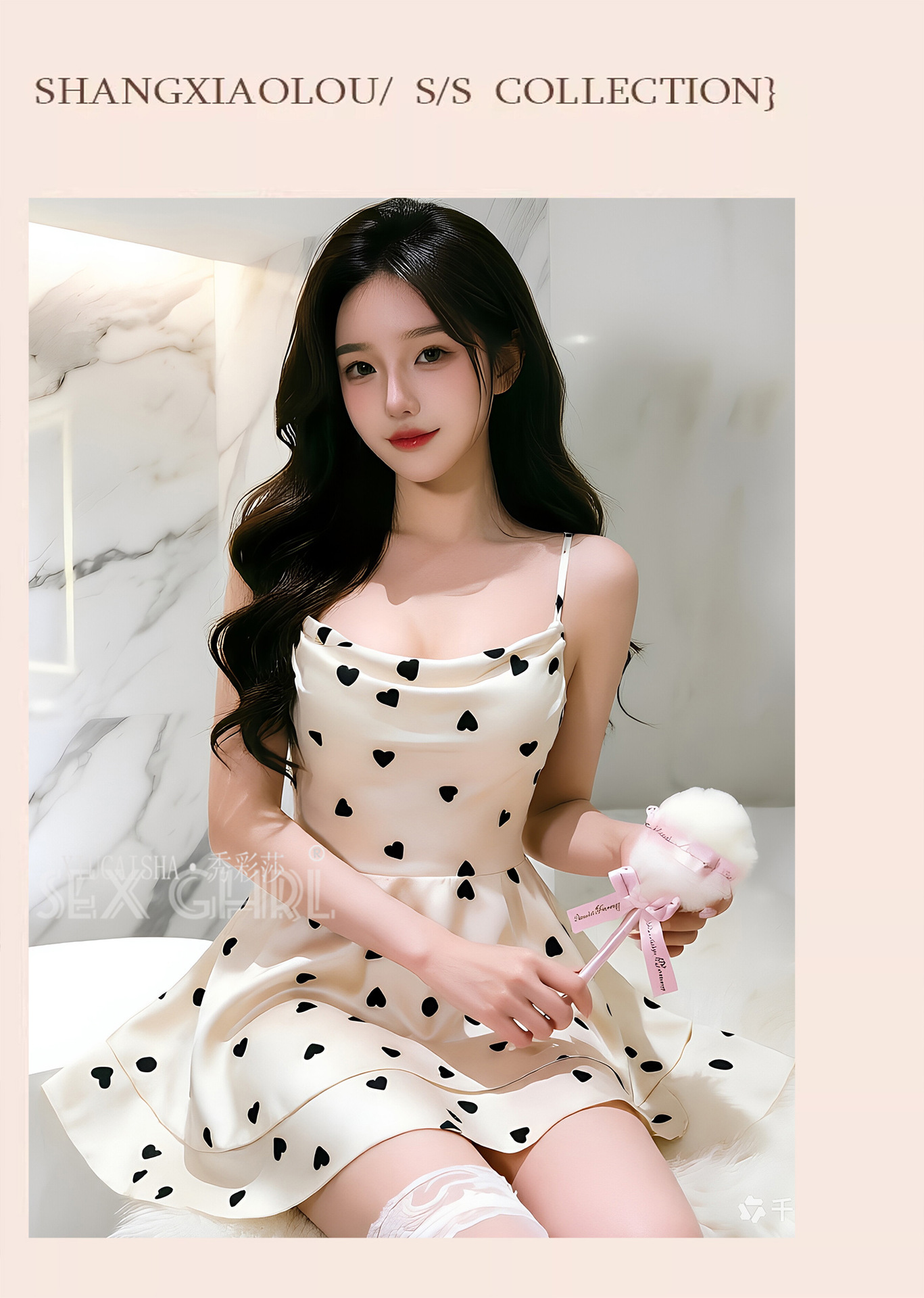 Heart Print Camisole Nightgown for Women, Thin Pure Desire Style with Chest Pads, White XXL — detail image 10