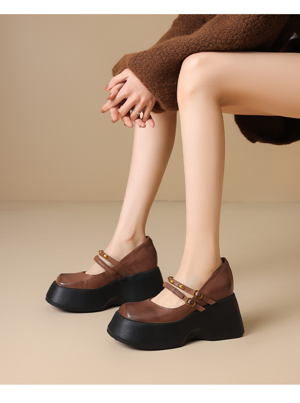 Giày Lolita platform đế xuồng 10 cm phong cách Anh Quốc cổ điển — màu nâu chi tiết 5